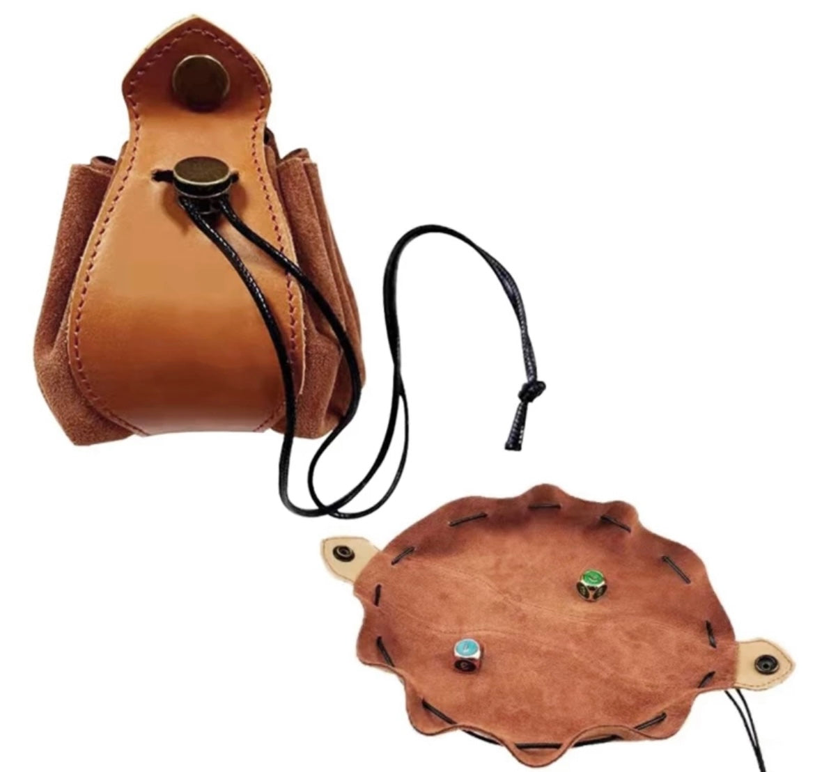 Leather drawstring dice pouch and tray