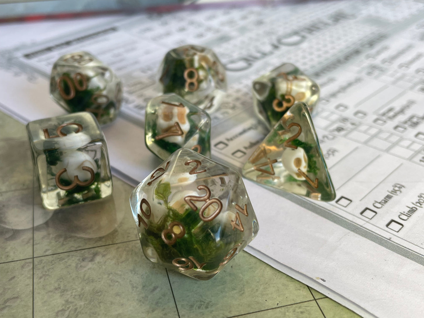 Entombed Poly Dice Set- Skull- Moss